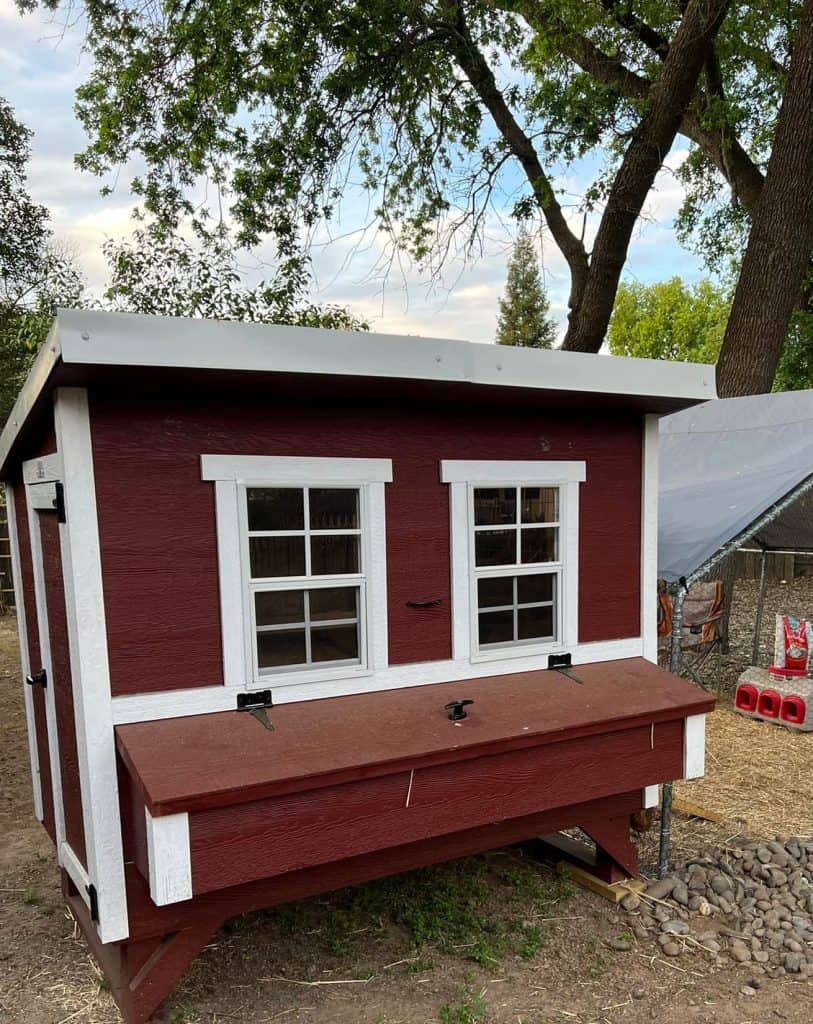 a chicken coop painted with maroon and white