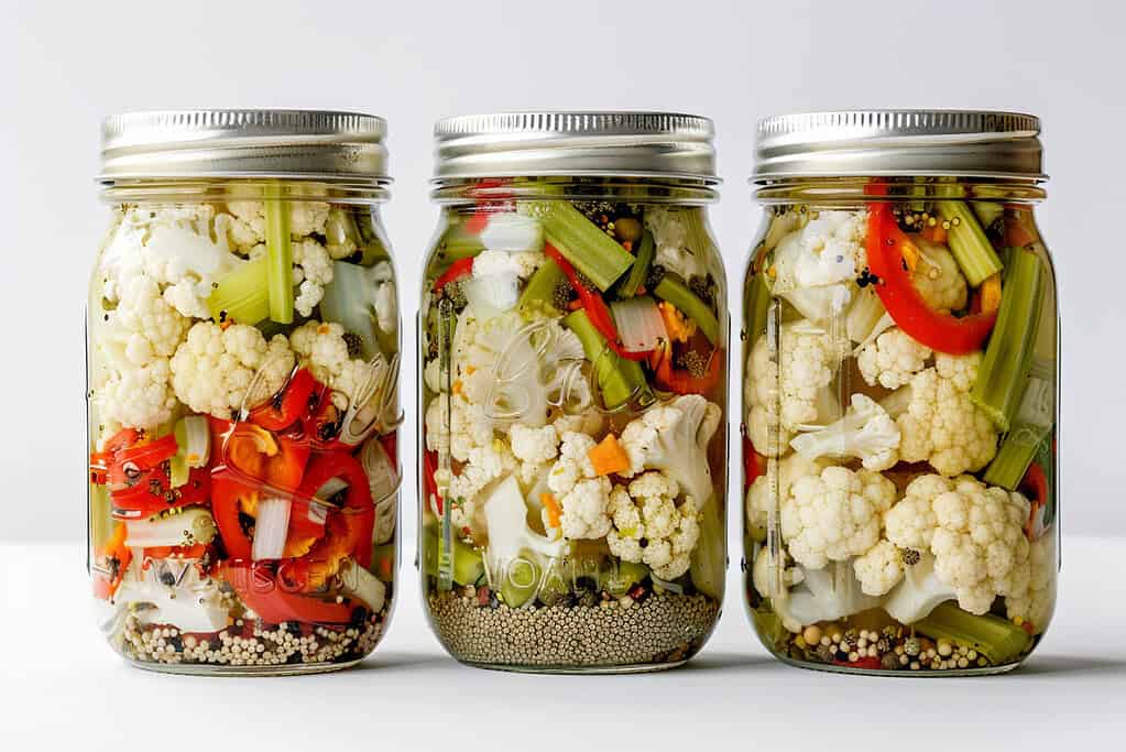 Glass jars of pickled cauliflower florets with sweet red peppers