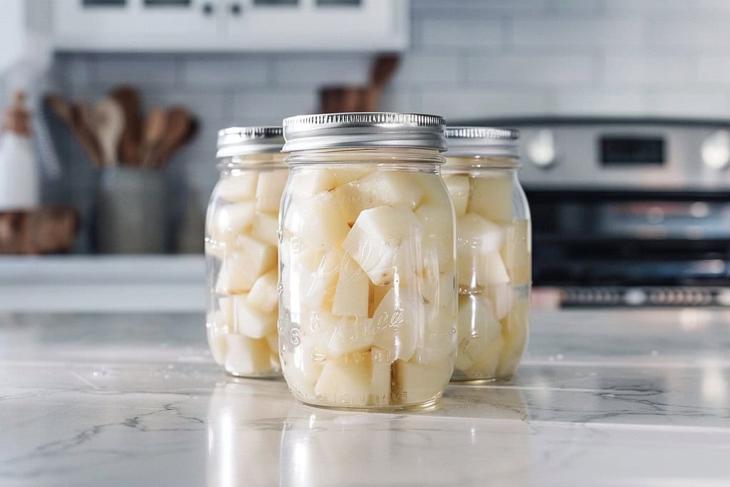 Mason jars filled with blanched potato cubes in clear water
