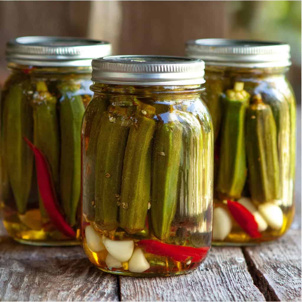 Close-up of homemade pickled okra in mason jars