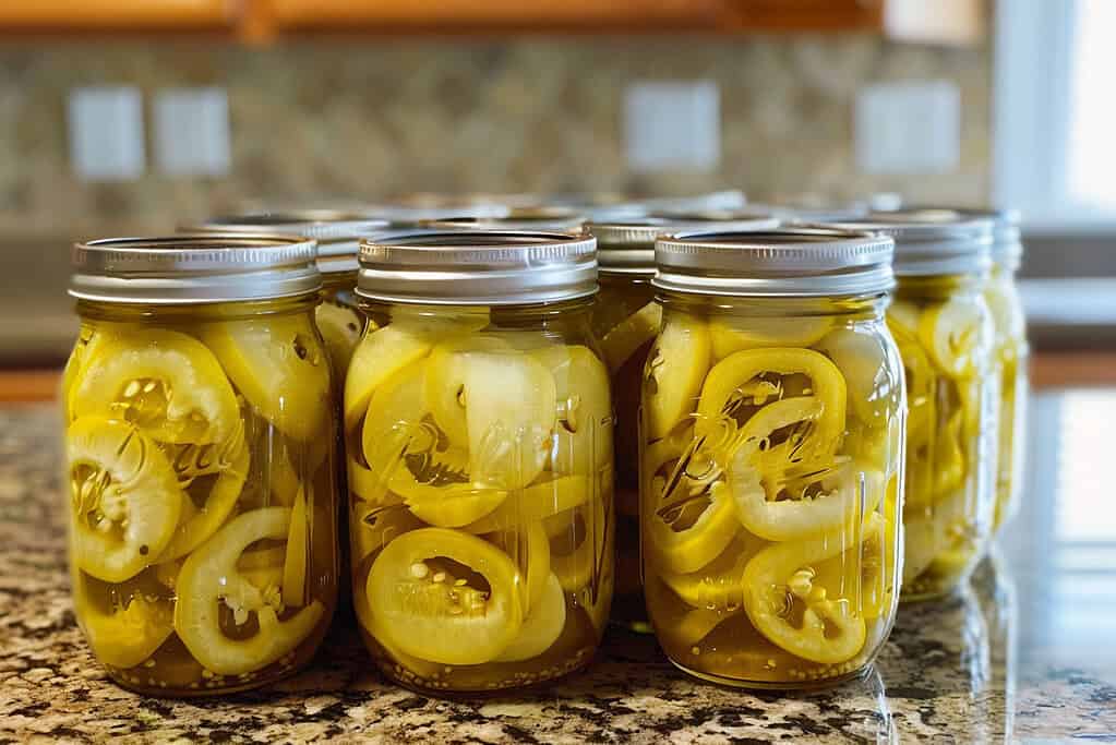 group of glass mason jars filled with homemade pickled banana peppers