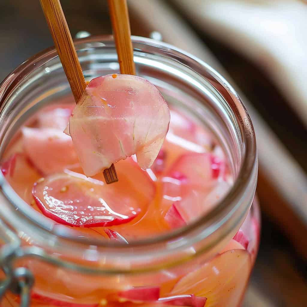 glass jar filled with translucent pink pickled ginger slices (gari) submerged in brine