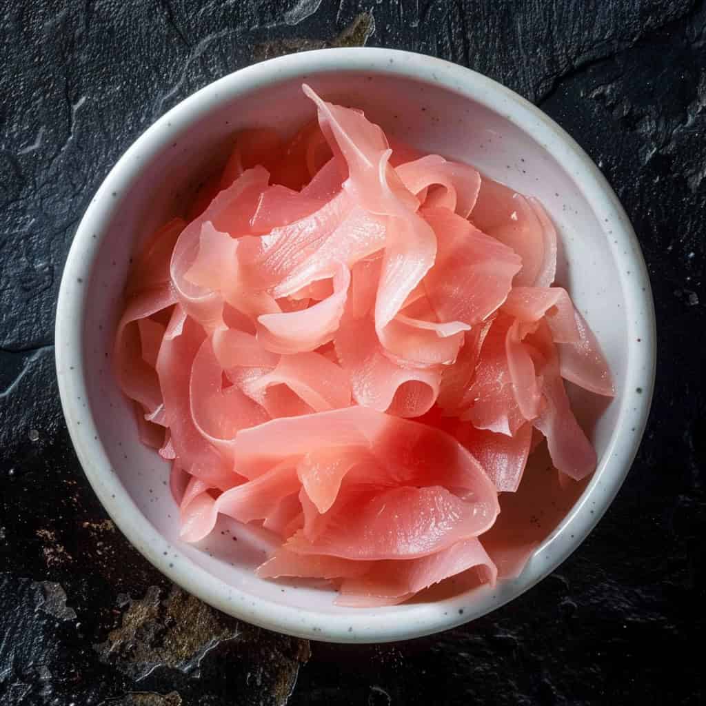 small white ceramic bowl filled with thin, delicate slices of pink pickled ginger (gari)
