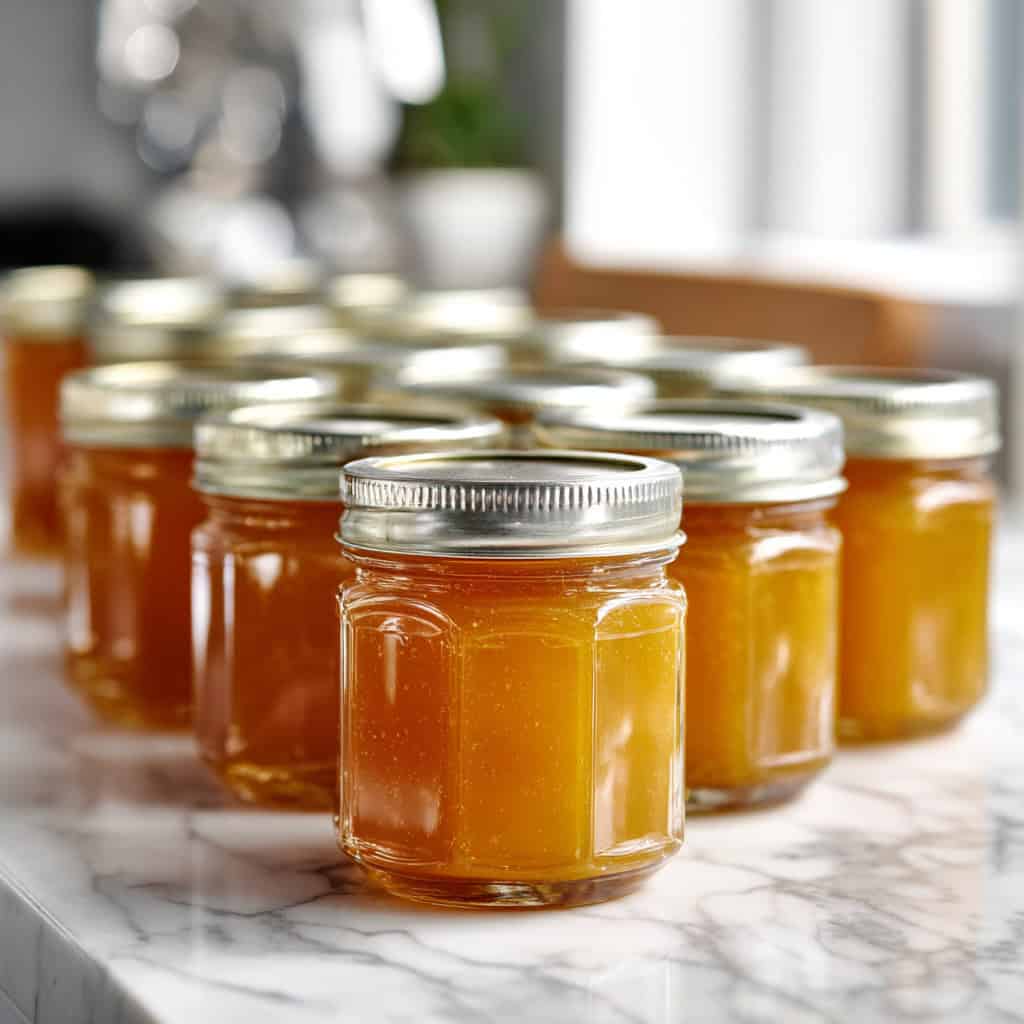 Freshly canned jars of golden apple jam neatly arranged on a white marble countertop