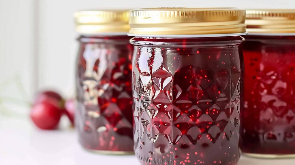Glass jars of cherry jam with golden lids, rich ruby red color, glossy jam texture
