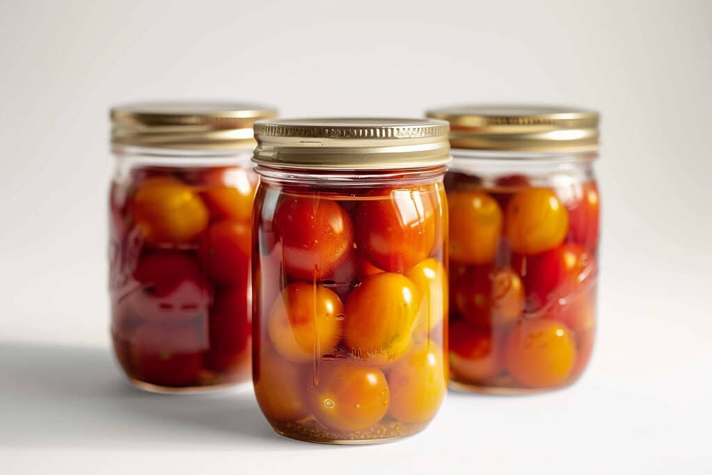 Glass jars of pickled cherry tomatoes in clear brine, vibrant red and golden colors, minimal aesthetic