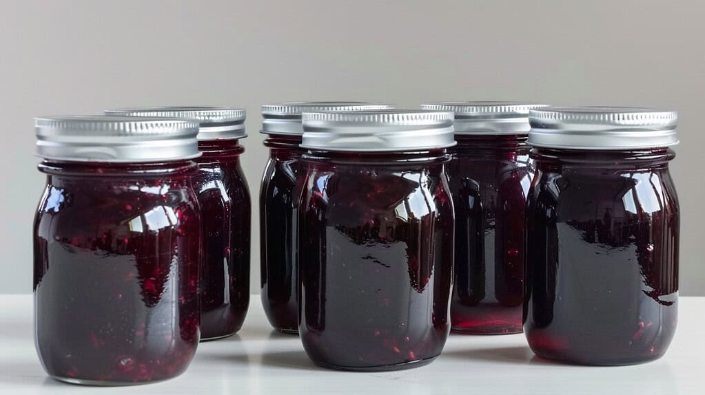 Glass jars of dark cherry jam with silver lids, rich deep red-purple color, glossy texture, arranged neatly