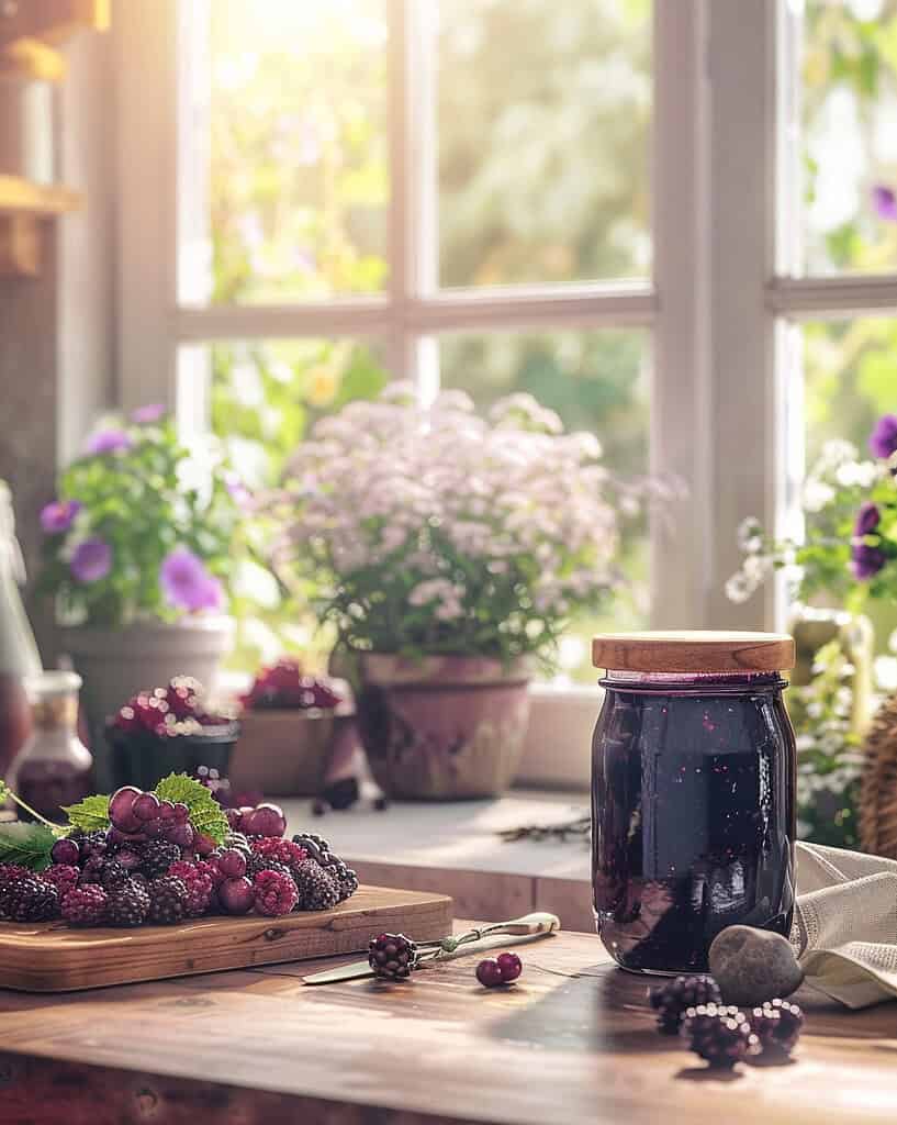 A modern kitchen scene with mason glass jars of freshly made blackberry jam, deep purple color, natural sunlight streaming in