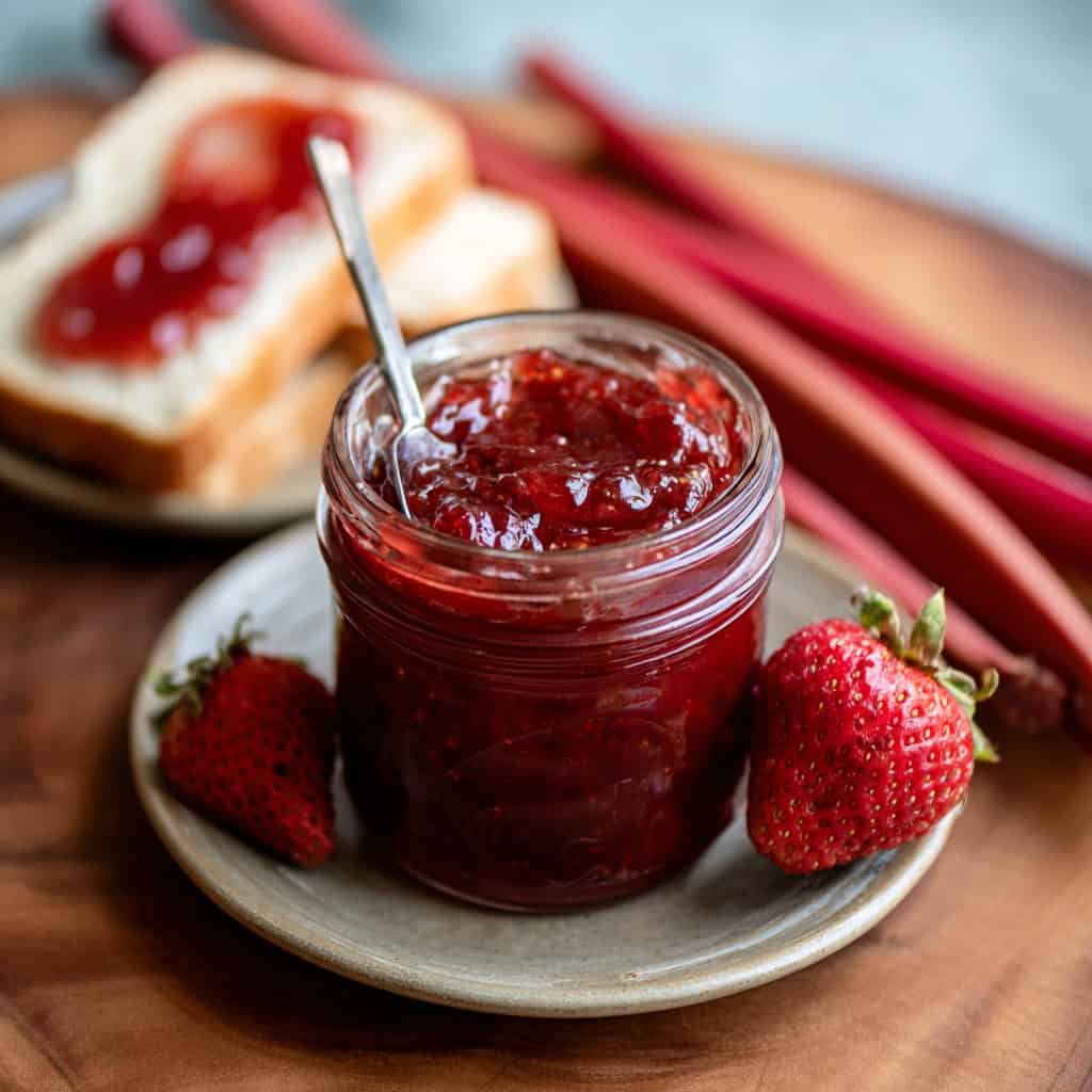 strawberry rhubarb jam with strawberries and rhubarb nearby