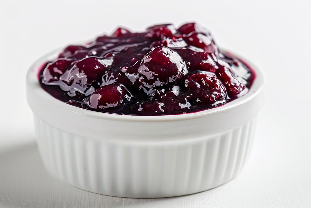 Close-up of a white ceramic bowl filled with glossy cherry jam, rich ruby red color, thick texture with visible fruit pieces