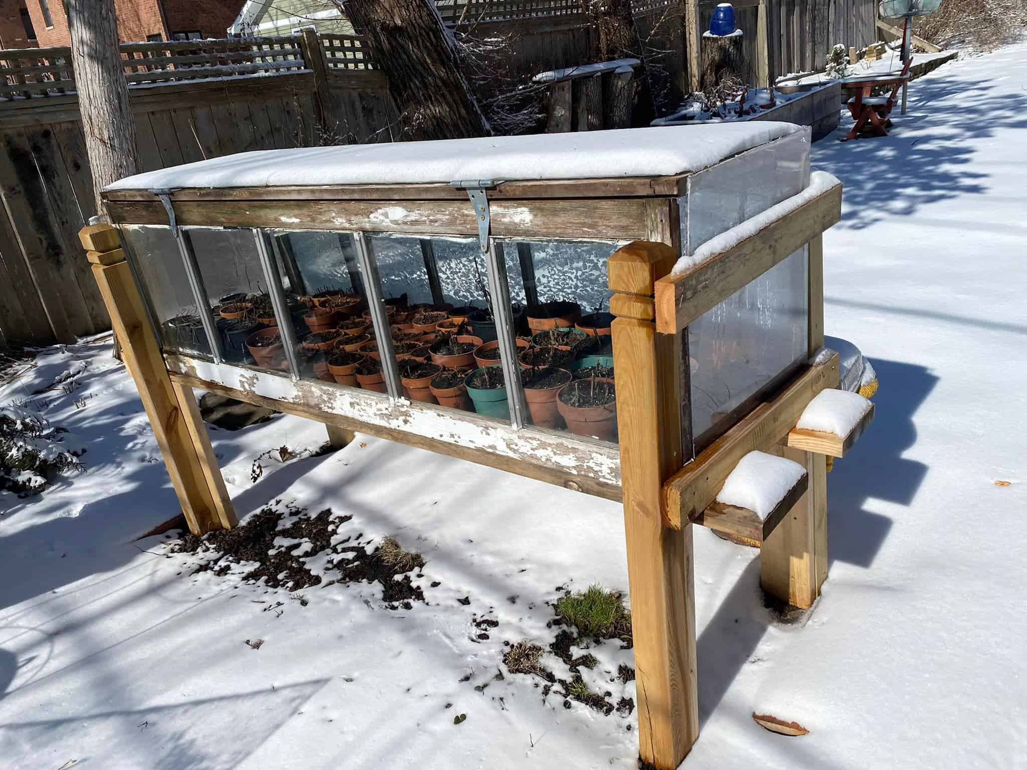 an enclosed planter set in winter