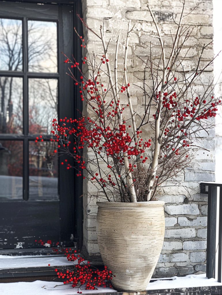 Winter planter in a narrow upright container, tall pale birch branches creating height and clean vertical lines, red winterberry or holly stems tucked around the base