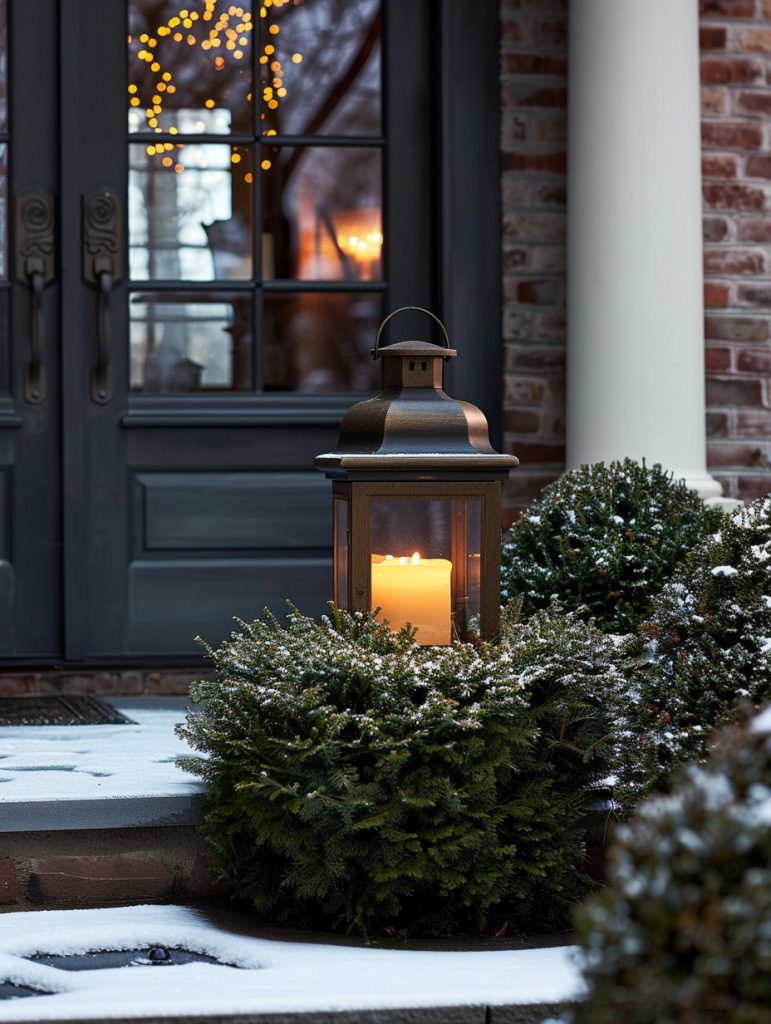 Winter planter with dense, compact boxwood forming a low, rounded mound, a rustic lantern nestled in the center with a soft glowing battery-operated candle