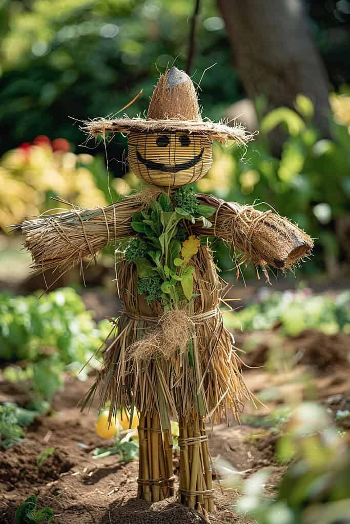 Eco-friendly bamboo scarecrow standing in a backyard garden, built from lightweight bamboo poles tied with natural twine, body stuffed with leaves, grass, and straw, coconut shell head painted with a simple face
