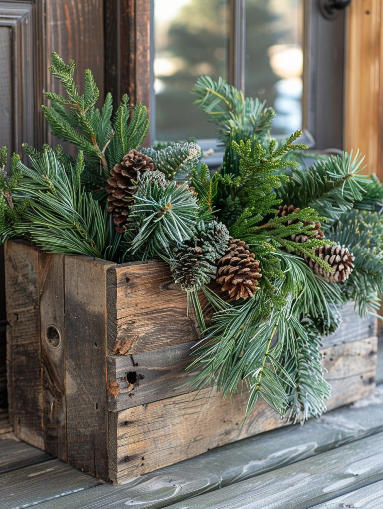 Winter planter in a rustic wooden crate or galvanized tub, filled with a mix of cut pine, spruce, and cedar