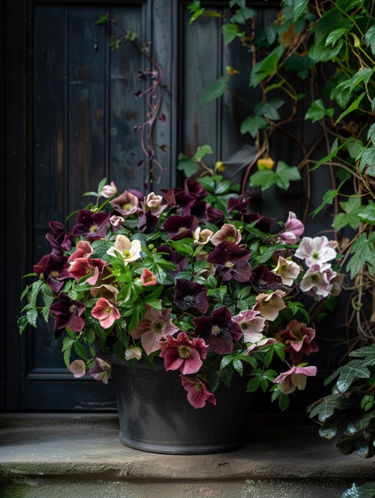 Shallow, wide winter planter filled with blooming hellebores in cream, pink, and deep plum, surrounded by trailing green ivy, cozy and sheltered outdoor setting