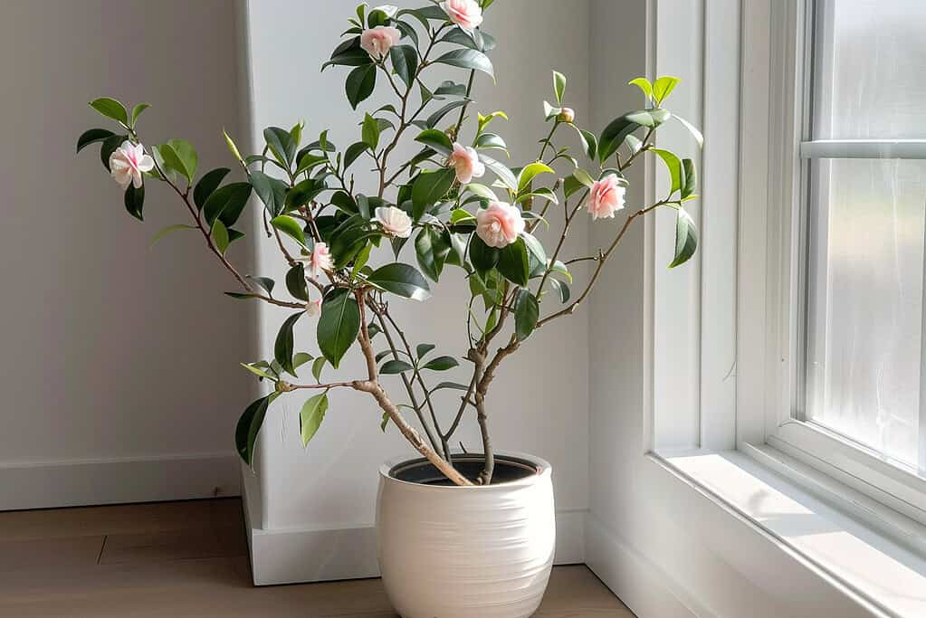 Indoor potted camellia shrub with branches covered in soft pink blossoms, white ceramic planter