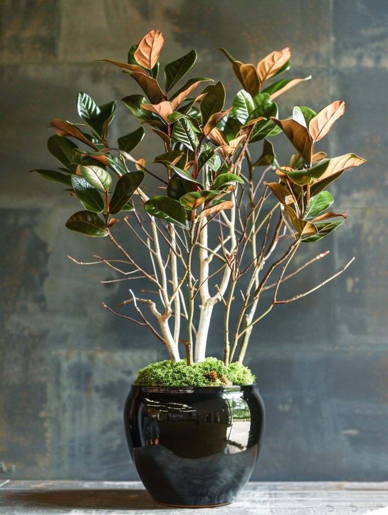 Winter planter in a black or deep green ceramic pot, filled with thick, glossy magnolia leaves showing green tops and warm brown undersides, upright natural white twigs, small patch of moss at the base to hide soil