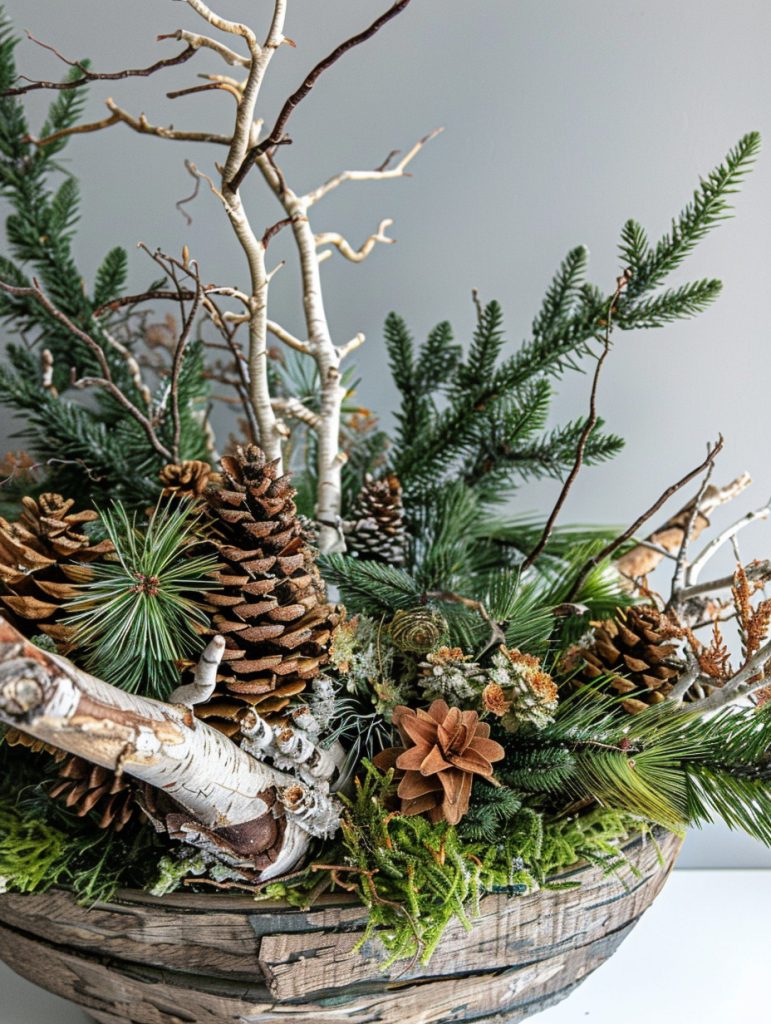 Wide, heavy winter planter filled with a natural mix of cedar, pine, and fir, layered with smooth and knobby branches, large pinecones, moss, bark, and lichen-covered twigs