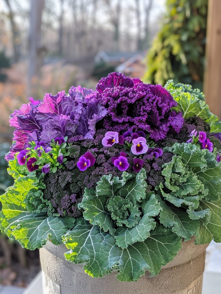 Wide, shallow winter planter filled with vibrant ornamental kale and cabbage in purple, green, and white varieties, ruffled textured leaves, edged with small blooming violas