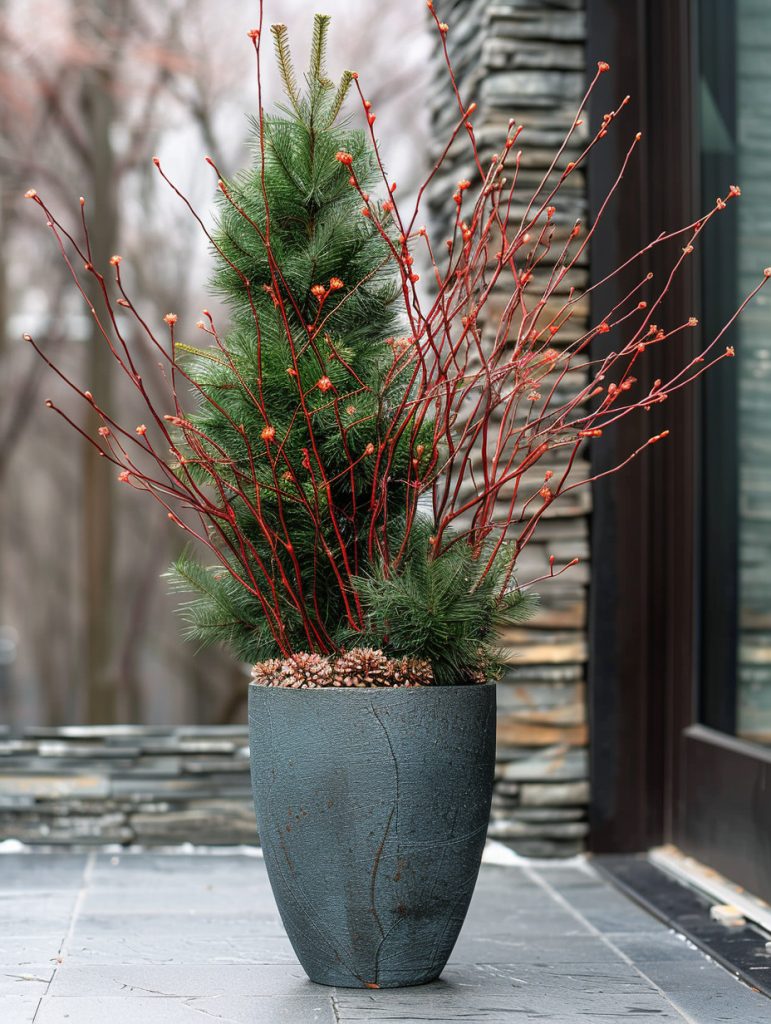 Winter planter in a tall narrow or wide container, featuring striking red-twig dogwood branches standing upright