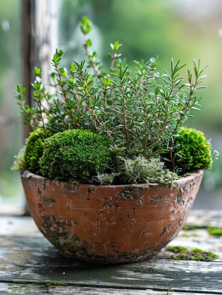 Rustic winter herb planter in a rough clay or metal pot, filled with lush rosemary and thyme plants, base covered with moss or bark to hide soil