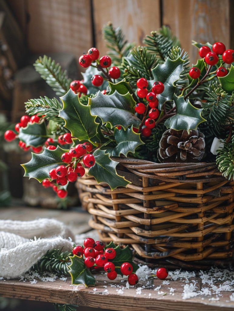 Rustic wicker basket lined with plastic or grow bag, filled with fresh-cut holly branches with deep green leaves and bright red berries
