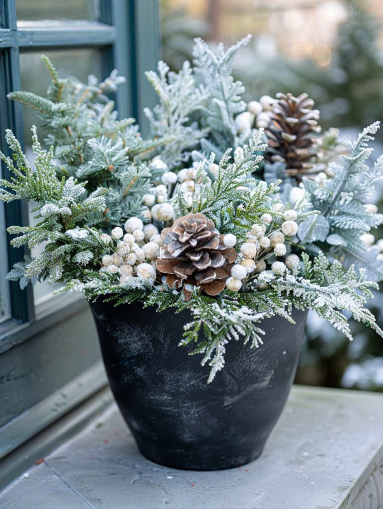 Winter planter in a dark charcoal or navy container, filled with dusty miller stems with soft silvery leaves, mixed with evergreen pine or fir branches