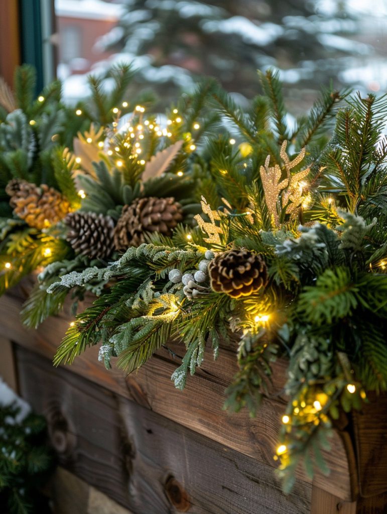 Winter planter with a mix of cedar, pine, and fir, cedar draping over edges, pine adding height, fir filling gaps, warm white battery-operated fairy lights woven throughout