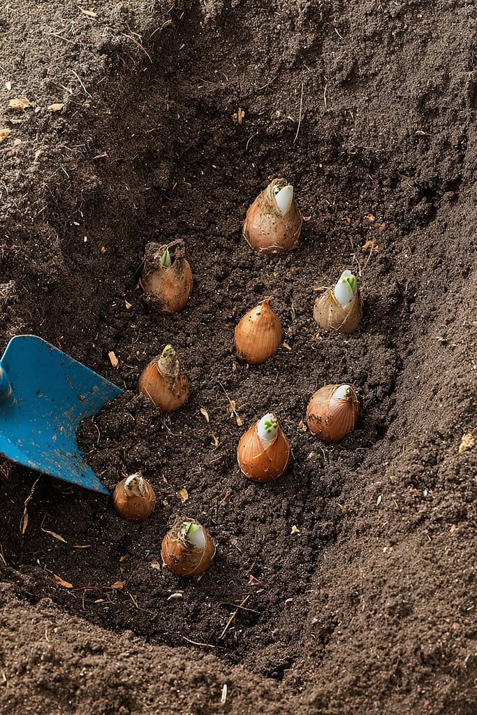 a garden planting scene featuring eight snowdrop bulbs (Galanthus) placed in a shallow, freshly dug trench of loose