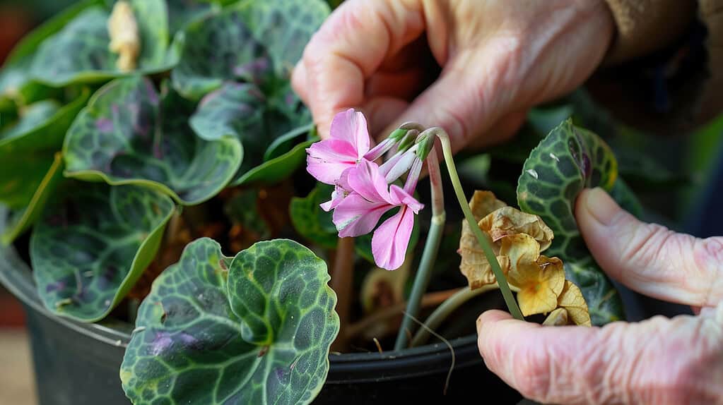 a gardener’s hand grasping a faded cyclamen flower stem near the base of the plant