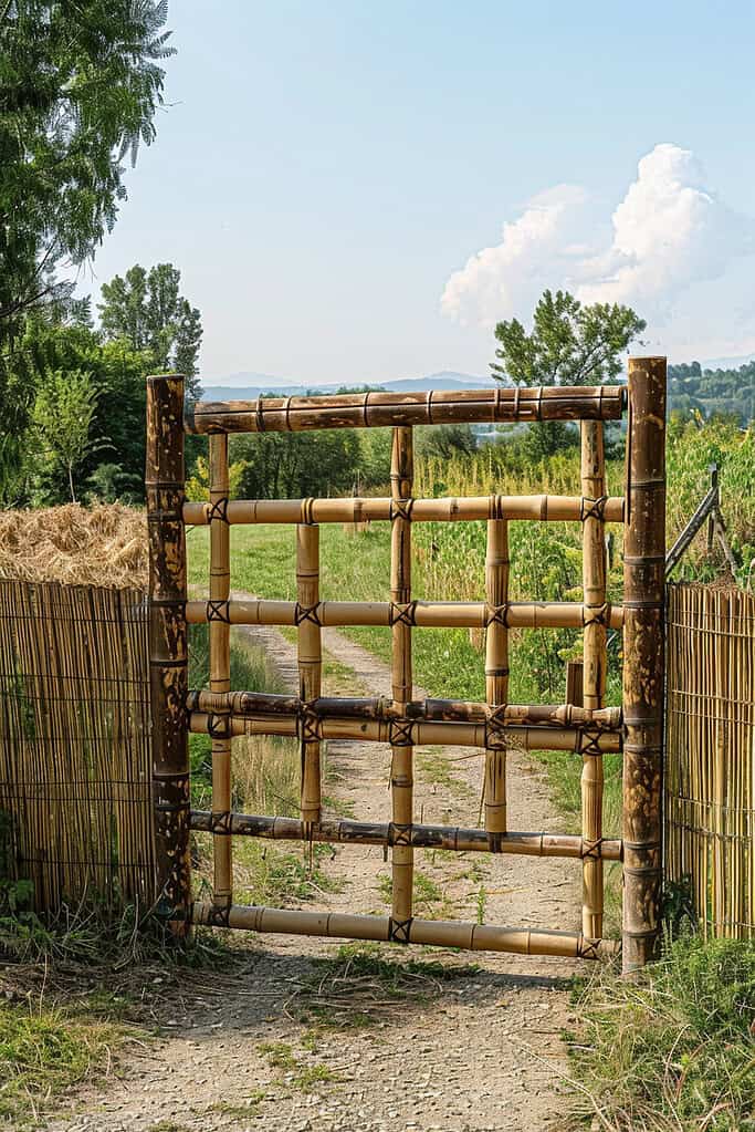 bamboo or natural reed farm entrance gate, light and sustainable design, crafted from raw bamboo poles or woven reed panels
