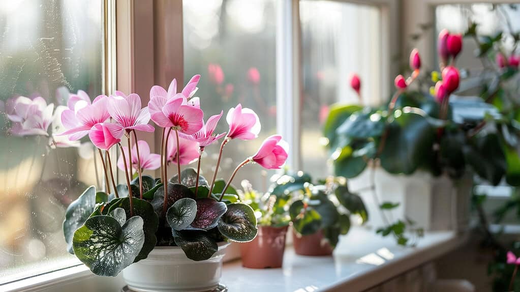 A cozy indoor scene with blooming cyclamen plants on an east-facing windowsill, bathed in soft morning light