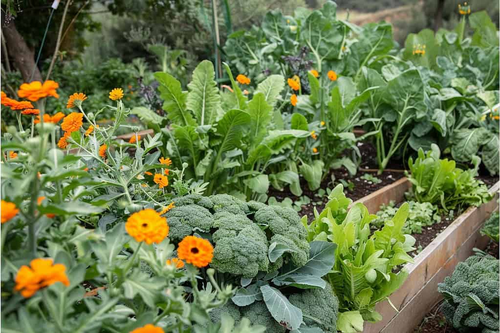 lush vegetable garden with companion planting, vibrant calendula flowers blooming among leafy vegetables like broccoli, kale, and leeks