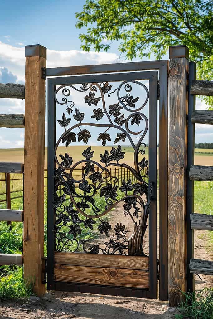 farm entrance gate with nature-inspired design, incorporating organic shapes and patterns