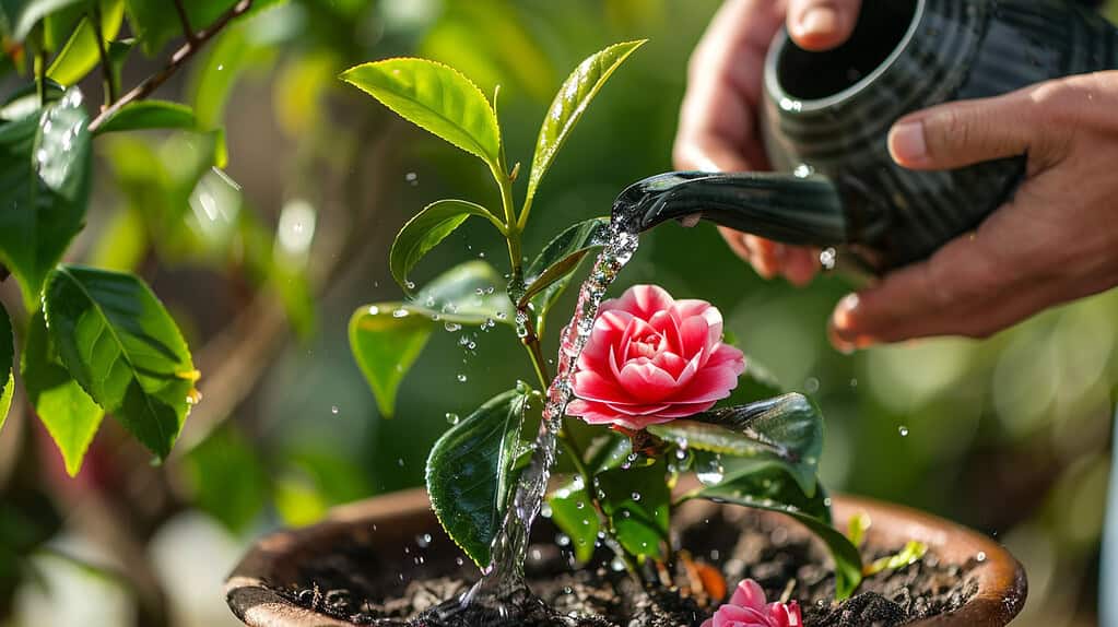 Hands watering camellia plant in a garden planter, water pouring onto soil around roots