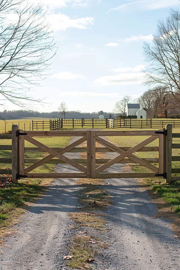 wooden X-frame farm entrance gate, classic cross-brace design built from sturdy cedar, oak, or pine boards