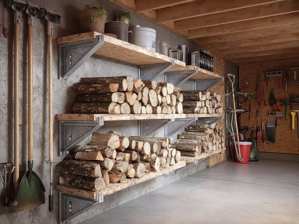 a garage interior featuring cantilever wall-mounted firewood shelves.