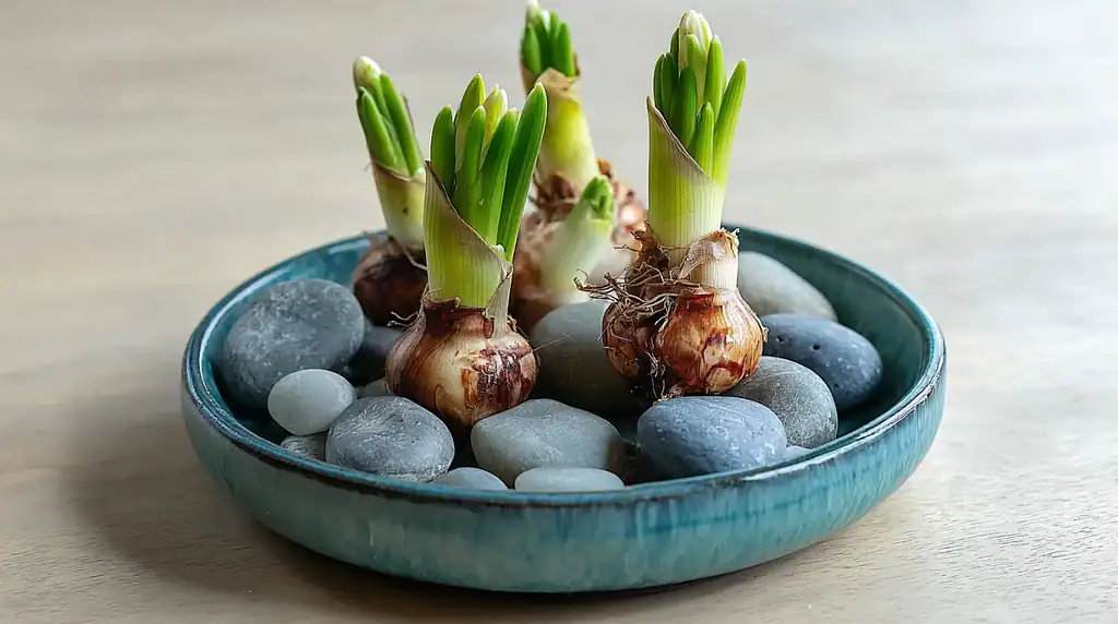 Four paperwhite narcissus bulbs beginning to sprout, with green shoots emerging from the tops.