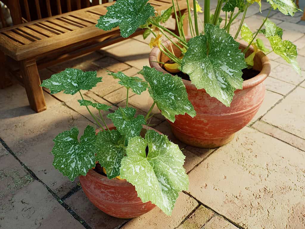 young squash or gourd plants growing in medium-sized terracotta and red clay pots