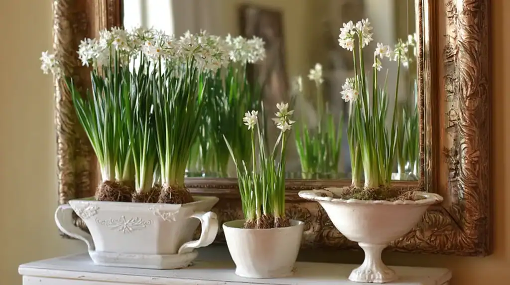 Three white ceramic planters with paperwhite narcissus plants at different stages of growth, arranged on a white surface in front of an ornate gold-framed mirror