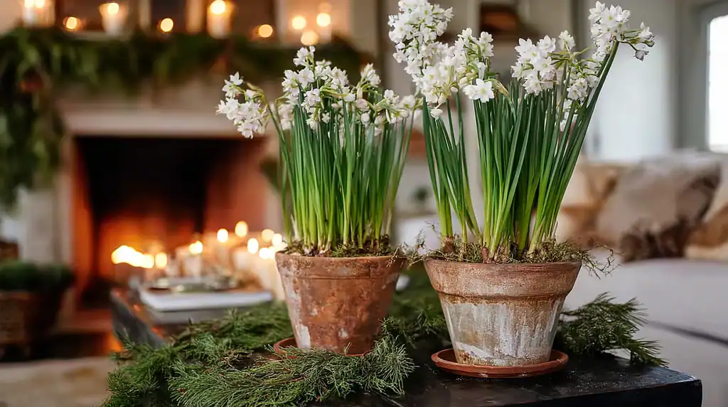 Two rustic terracotta pots filled with blooming paperwhite narcissus flowers, tall green stems topped with clusters of delicate white blossoms. The pots are placed on a dark table decorated with fresh evergreen garlands.