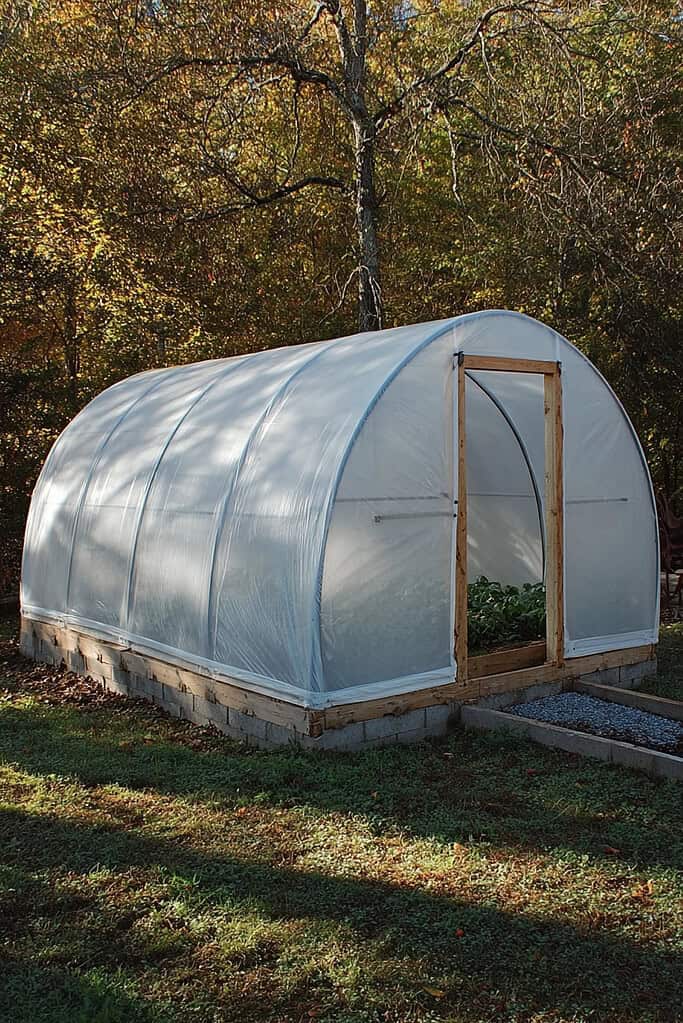 a compact polytunnel greenhouse situated in a backyard or small homestead setting