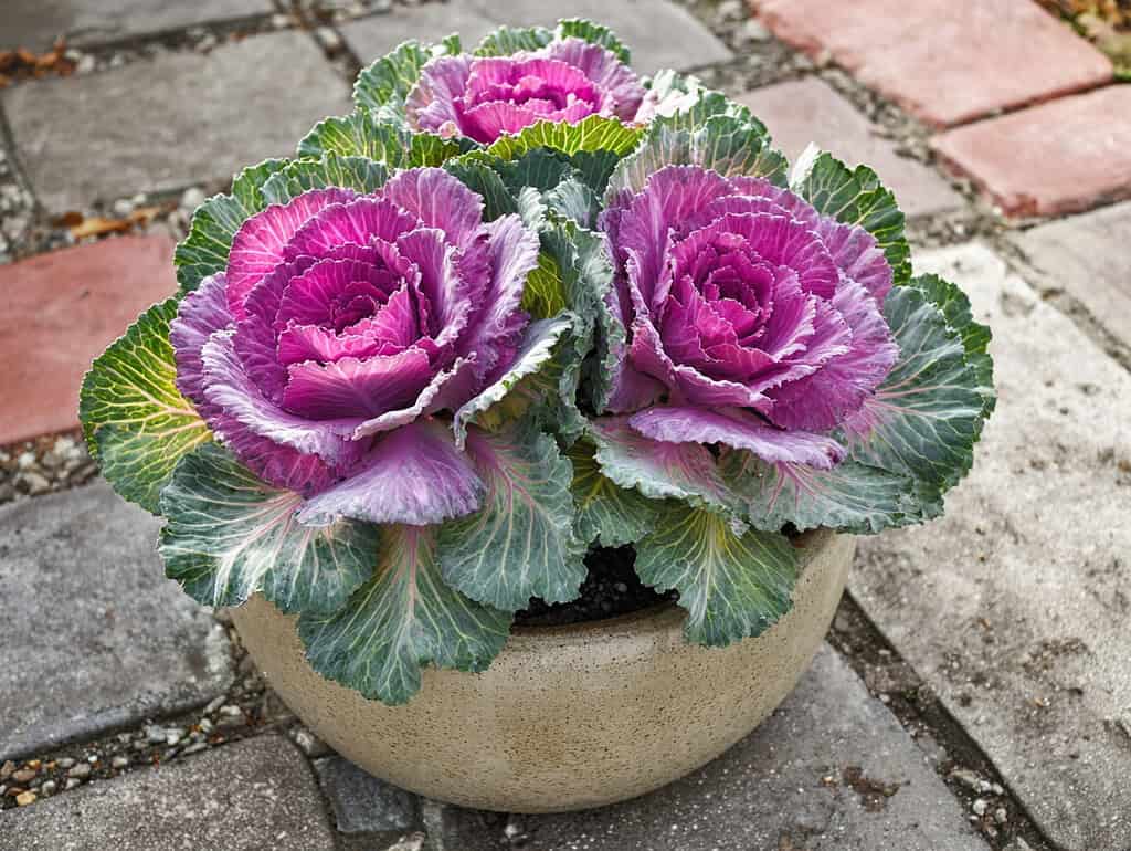 a fall container garden featuring three lush ornamental cabbages with vibrant purple-pink centers and large, veined green leaves
