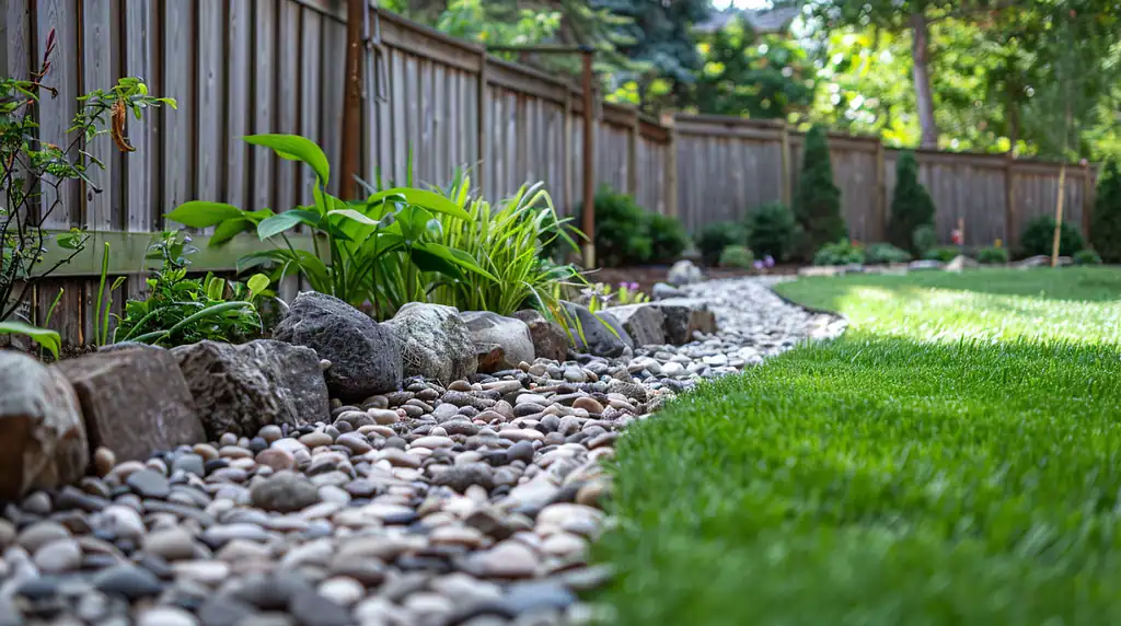 wide garden view with a fence bordered by stone and pebble edging, river rocks and crushed granite creating a clean structured line