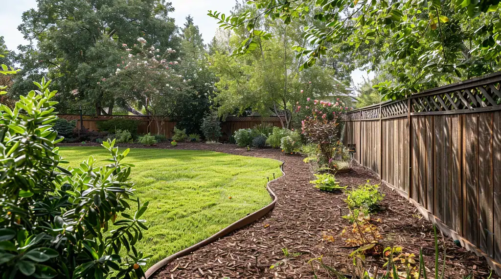 full garden view with a fence lined by mulch beds, wood chips and bark forming a neat border