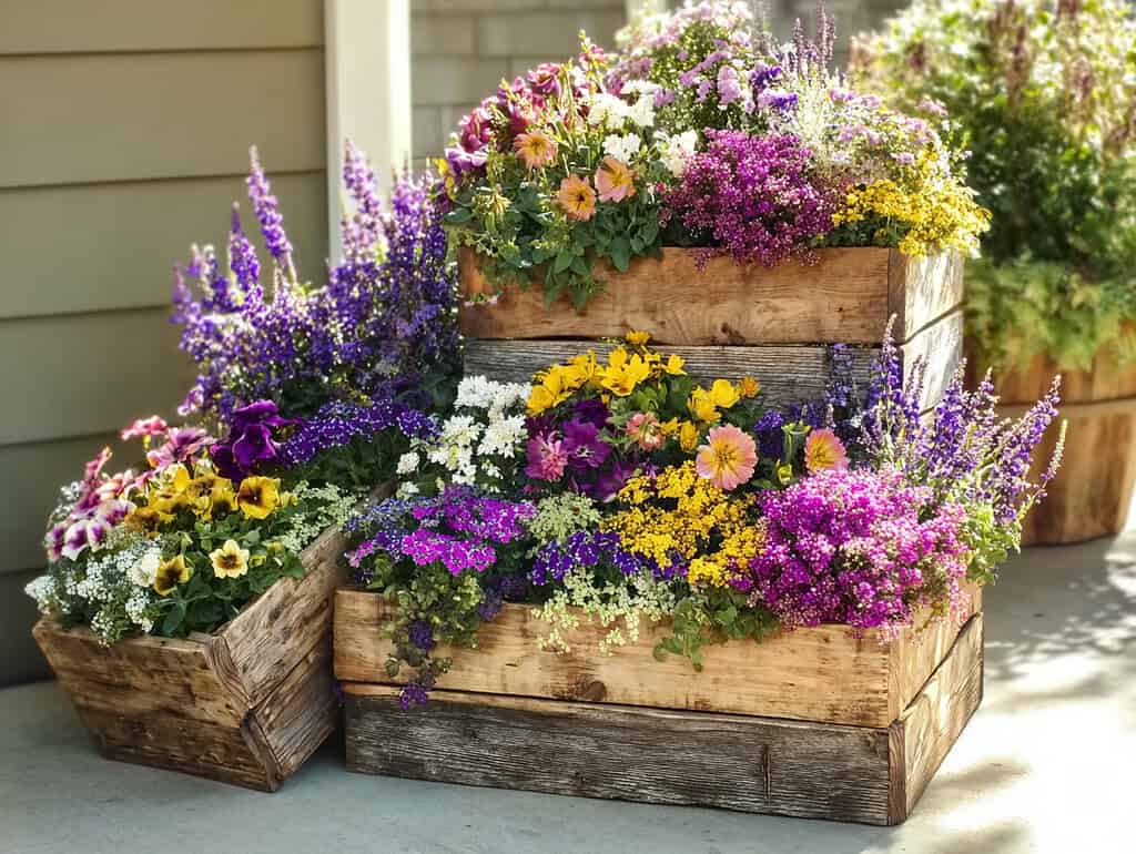 a tiered wooden crate planter filled with a lush variety of colorful fall flowers and cool-season blooms