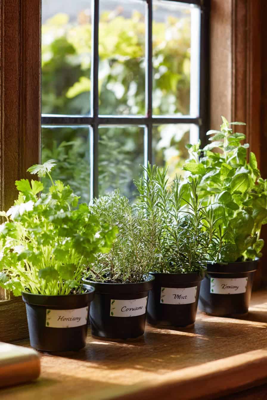 a windowsill herb garden in a cozy, sunlit kitchen