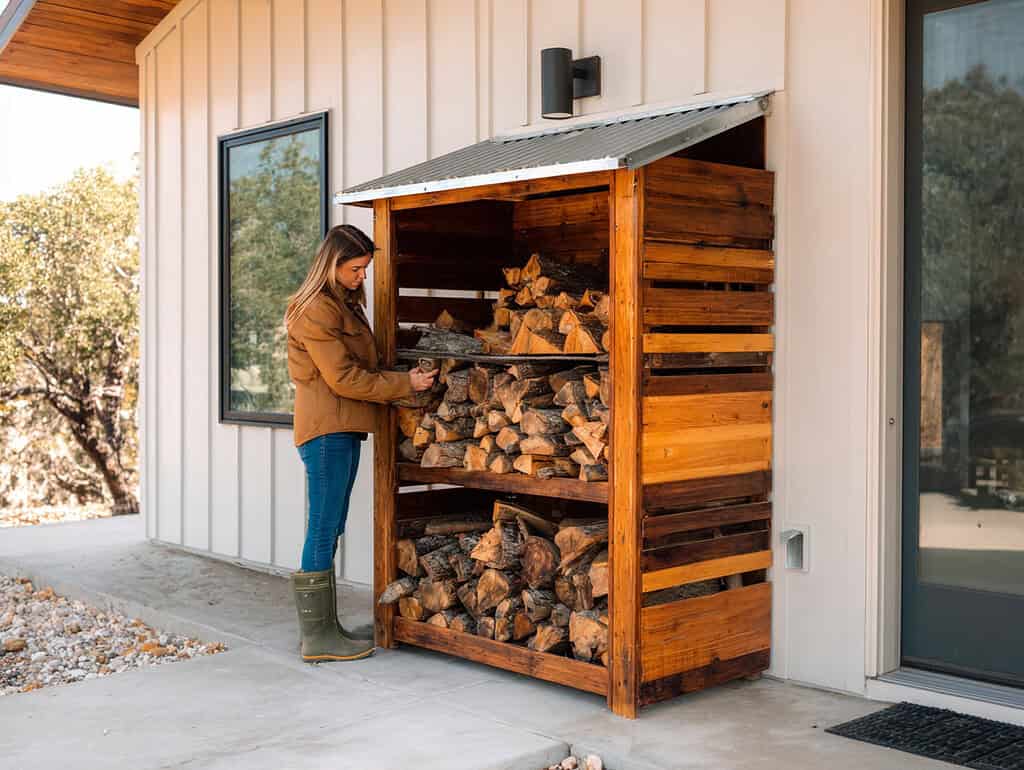a woman stacking firewood into a compact, handcrafted wooden firewood storage rack situated against the exterior wall of a modern home