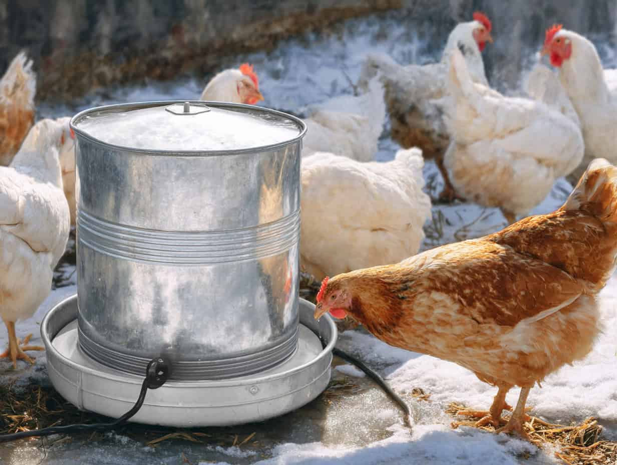 a winter farmyard scene featuring a group of chickens gathered around a modern galvanized steel heated poultry waterer